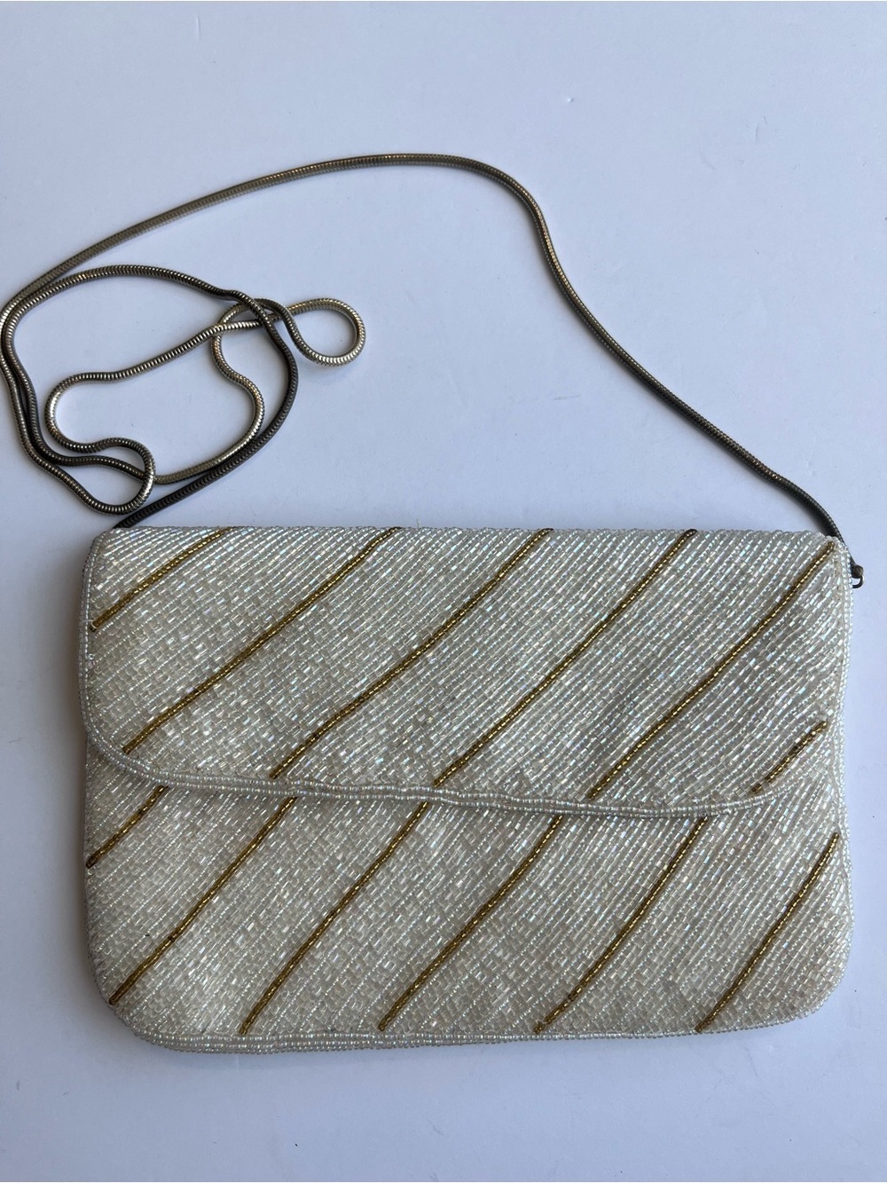 Vintage Beaded Evening Bag Clutch Ivory Gold 60’s